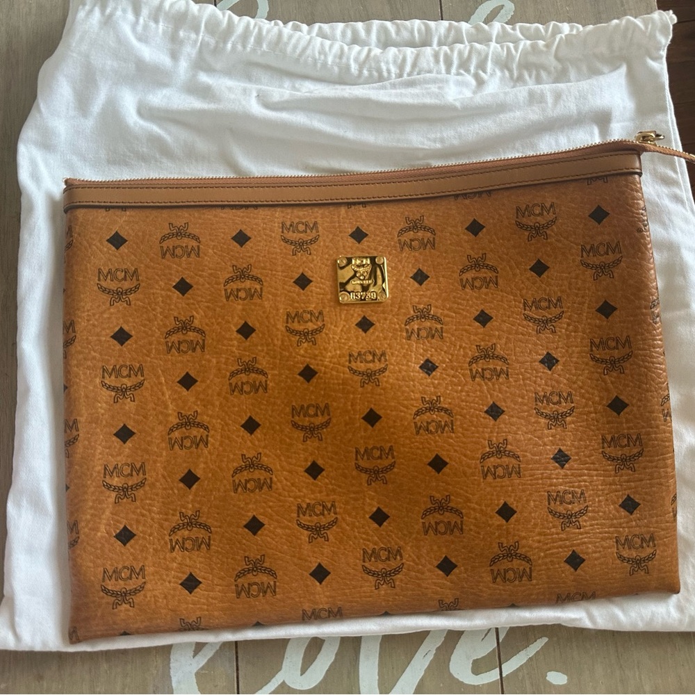 MCM Cognac Visetos Leather Large Pouch